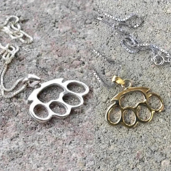 Brass Knuckles, Silver Knuckles Pendant, Mens Jewelry, Unisex Necklace, Mens - Picture 4 of 4
